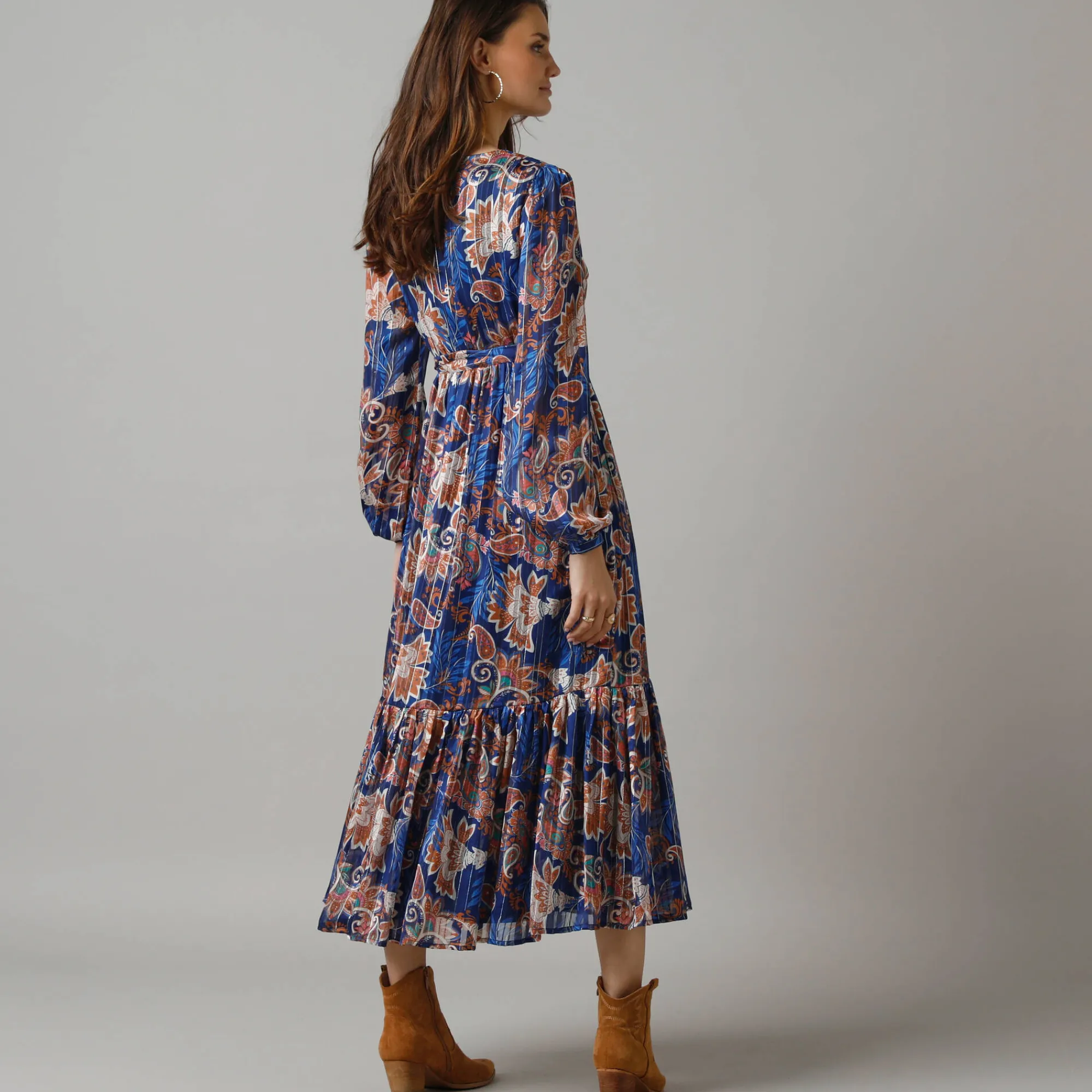 Feestoutfits Dames|Jurk<Lora Zellini Lange jurk in voile, Indiase bloemenprint blauw / beige
