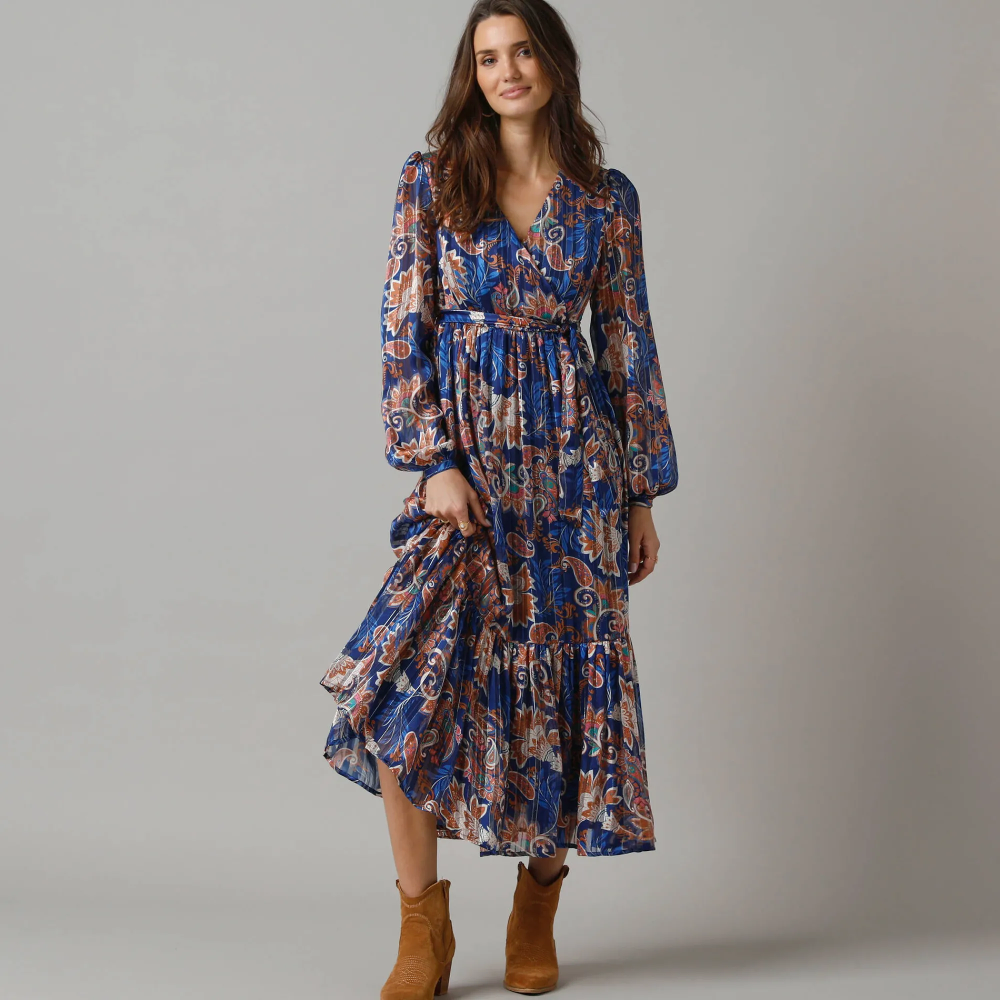 Feestoutfits Dames|Jurk<Lora Zellini Lange jurk in voile, Indiase bloemenprint blauw / beige