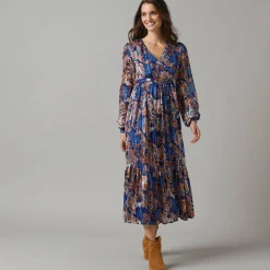 Feestoutfits Dames|Jurk<Lora Zellini Lange jurk in voile, Indiase bloemenprint blauw / beige