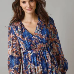 Feestoutfits Dames|Jurk<Lora Zellini Lange jurk in voile, Indiase bloemenprint blauw / beige