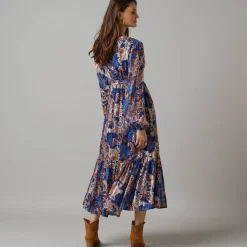 Feestoutfits Dames|Jurk<Lora Zellini Lange jurk in voile, Indiase bloemenprint blauw / beige