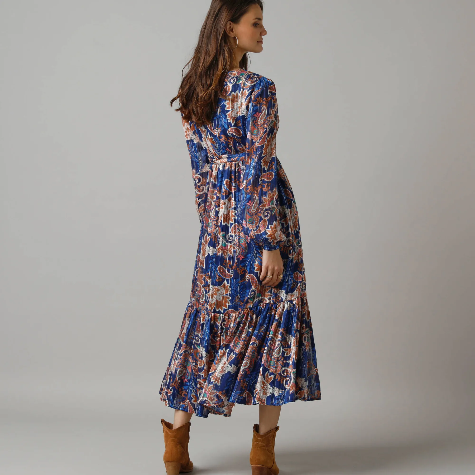 Feestoutfits Dames|Jurk<Lora Zellini Lange jurk in voile, Indiase bloemenprint blauw / beige