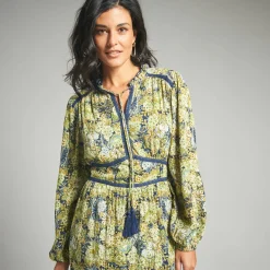 Jurk<Lora Zellini Lange jurk met bloemenprint en afwerkingen in macramé marine / groen