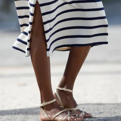 Jurk<Blancheporte Lange jurk met ceintuur en V-hals, gestreept tricot ecru / marine