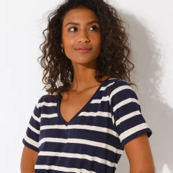 Jurk<Blancheporte Lange jurk met ceintuur en V-hals, gestreept tricot marine / ecru