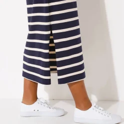 Jurk<Blancheporte Lange jurk met ceintuur en V-hals, gestreept tricot marine / ecru