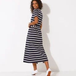 Jurk<Blancheporte Lange jurk met ceintuur en V-hals, gestreept tricot marine / ecru