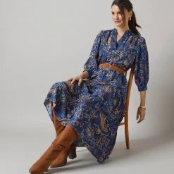 Feestoutfits Dames|Jurk<Lora Zellini Lange jurk met elastische taille, bedrukte crêpe blauw