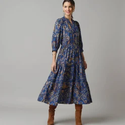 Feestoutfits Dames|Jurk<Lora Zellini Lange jurk met elastische taille, bedrukte crêpe blauw