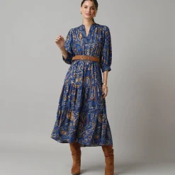 Feestoutfits Dames|Jurk<Lora Zellini Lange jurk met elastische taille, bedrukte crêpe blauw