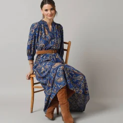 Feestoutfits Dames|Jurk<Lora Zellini Lange jurk met elastische taille, bedrukte crêpe blauw