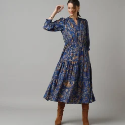 Feestoutfits Dames|Jurk<Lora Zellini Lange jurk met elastische taille, bedrukte crêpe blauw