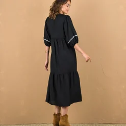 Jurk<Blancheporte Lange jurk met ellebooglange mouwen, contrasterend borduursel zwart