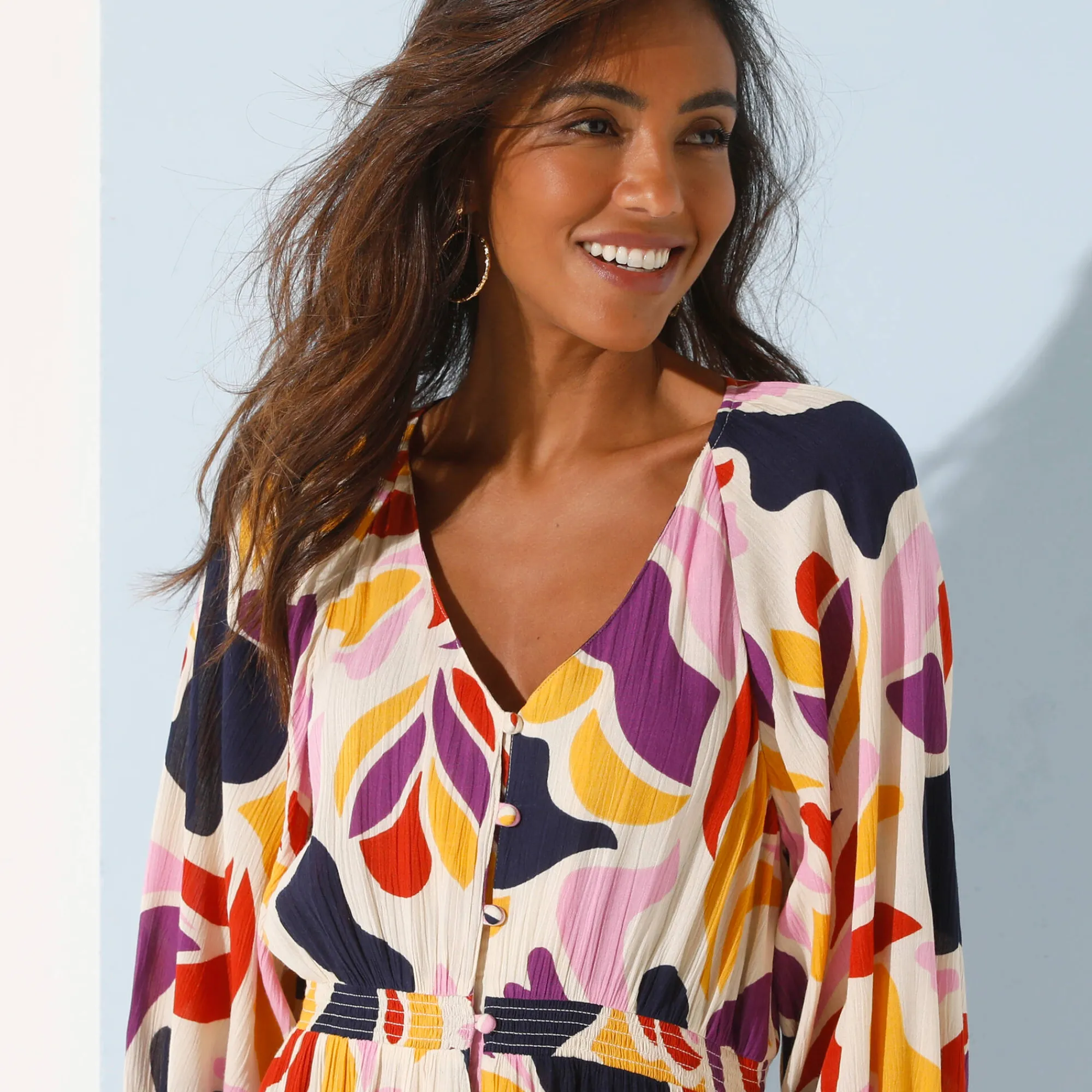 Jurk<Blancheporte Lange jurk met knopen, crepon, maxiprint marine / saffraangeel