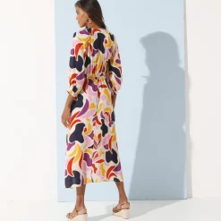 Jurk<Blancheporte Lange jurk met knopen, crepon, maxiprint marine / saffraangeel