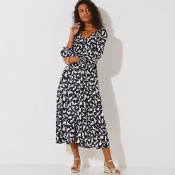 Jurk<Blancheporte Lange jurk met knopen in crepon, grafische print marine / ecru