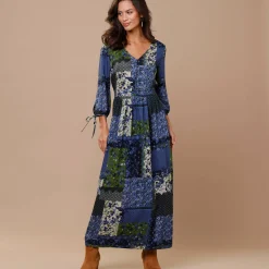 Jurk<Lora Zellini Lange jurk met patchworkprint en V-hals blauw / groen