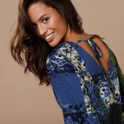 Jurk<Lora Zellini Lange jurk met patchworkprint en V-hals blauw / groen