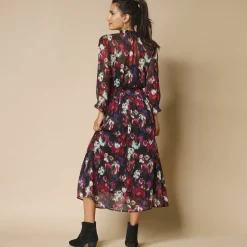 Feestoutfits Dames|Jurk<Blancheporte Lange jurk met smokwerk aan de taille, bedrukte voile zwart / veelkleurig