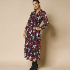 Feestoutfits Dames|Jurk<Blancheporte Lange jurk met smokwerk aan de taille, bedrukte voile zwart / veelkleurig