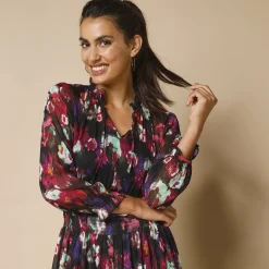 Feestoutfits Dames|Jurk<Blancheporte Lange jurk met smokwerk aan de taille, bedrukte voile zwart / veelkleurig