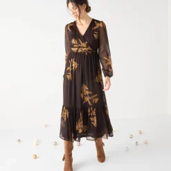 Feestoutfits Dames|Jurk<Blancheporte Lange jurk met stroken, bedrukte voile chocolade / karamel