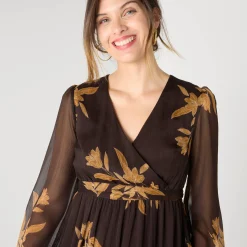 Feestoutfits Dames|Jurk<Blancheporte Lange jurk met stroken, bedrukte voile chocolade / karamel