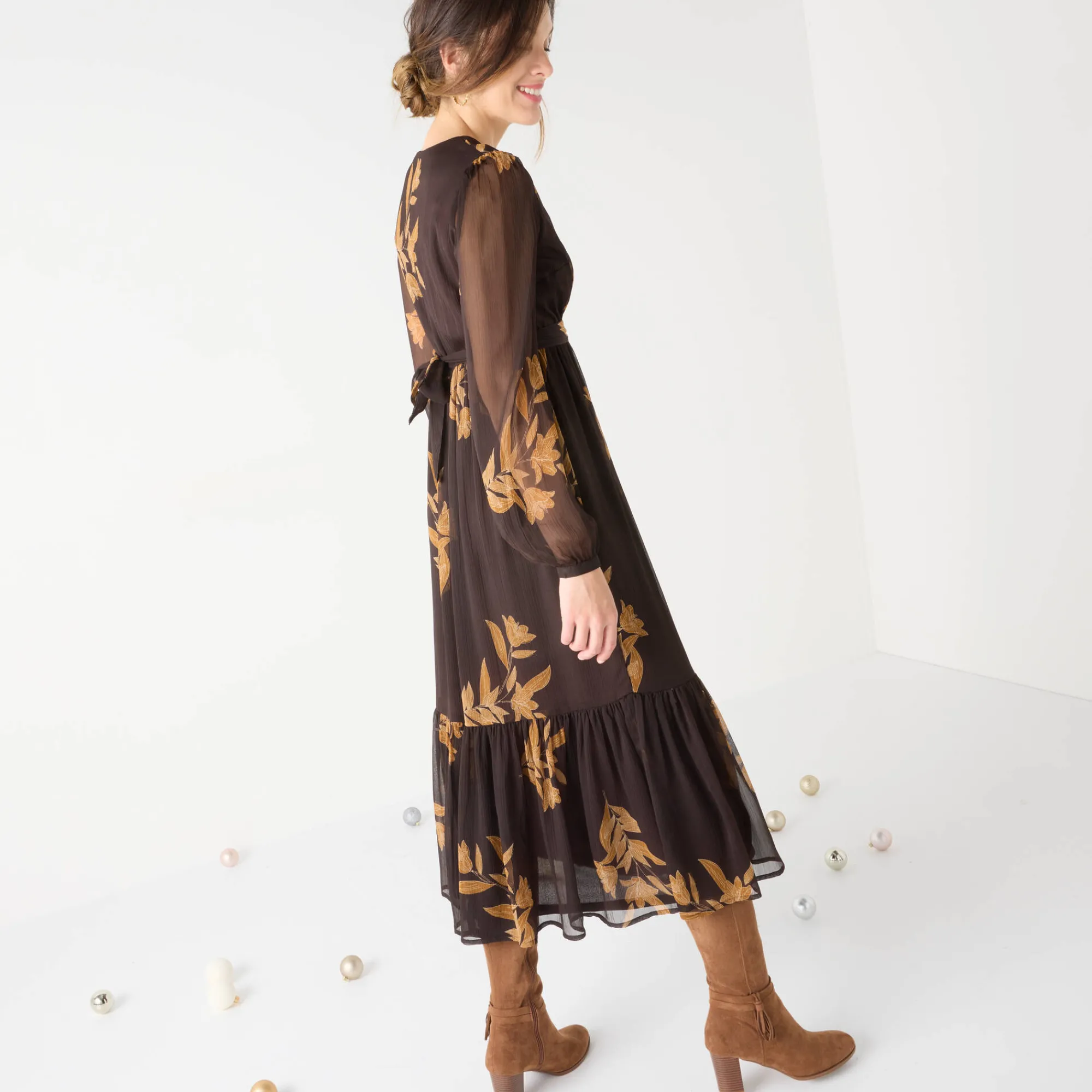 Feestoutfits Dames|Jurk<Blancheporte Lange jurk met stroken, bedrukte voile chocolade / karamel