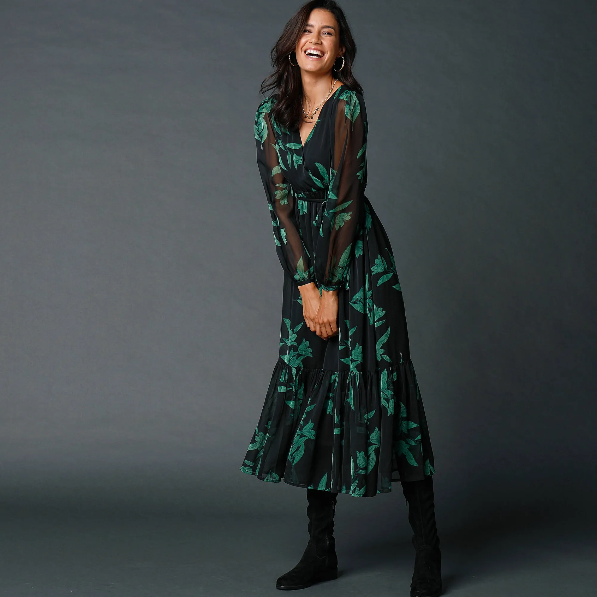 Feestoutfits Dames|Jurk<Blancheporte Lange jurk met stroken, bedrukte voile zwart / smaragd