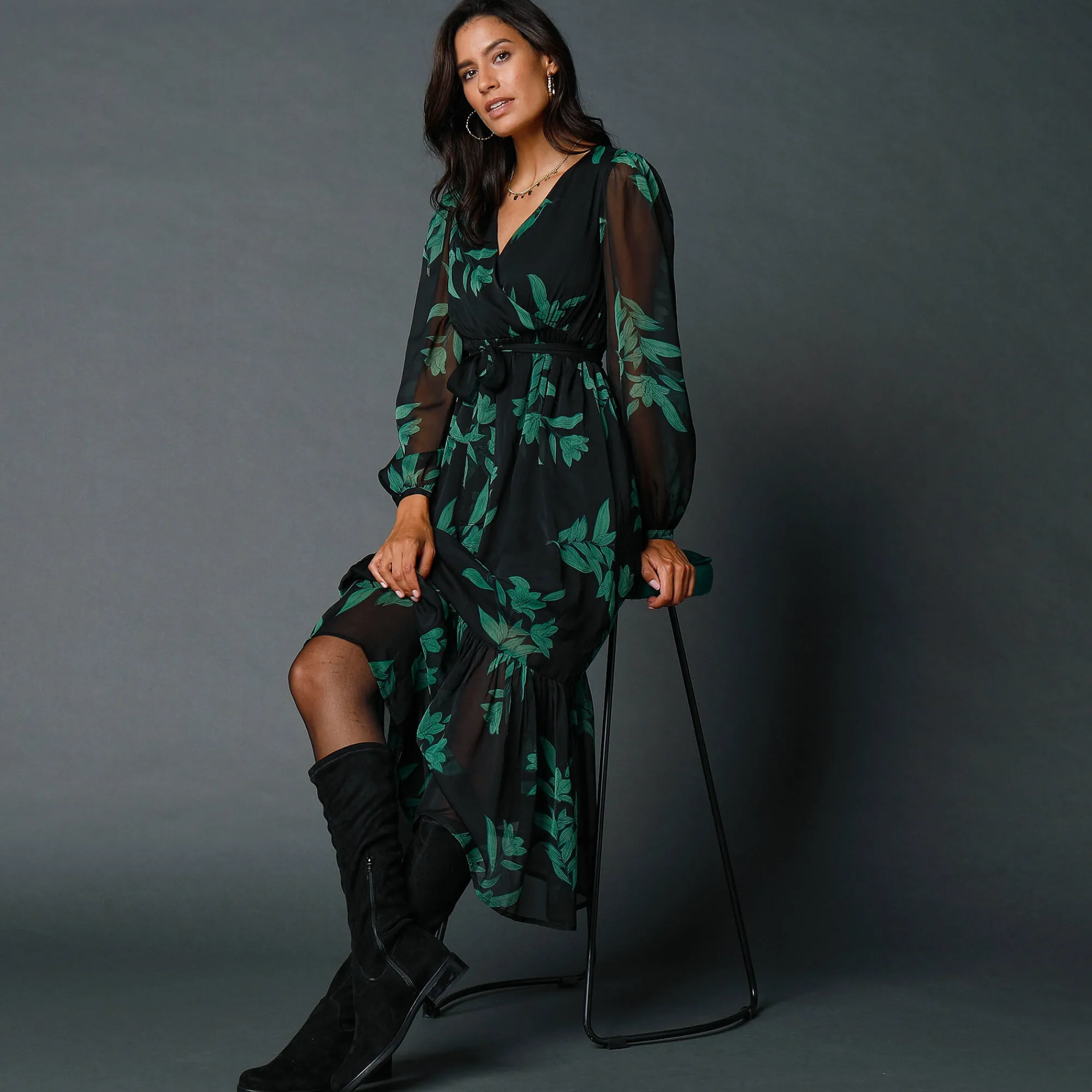 Feestoutfits Dames|Jurk<Blancheporte Lange jurk met stroken, bedrukte voile zwart / smaragd