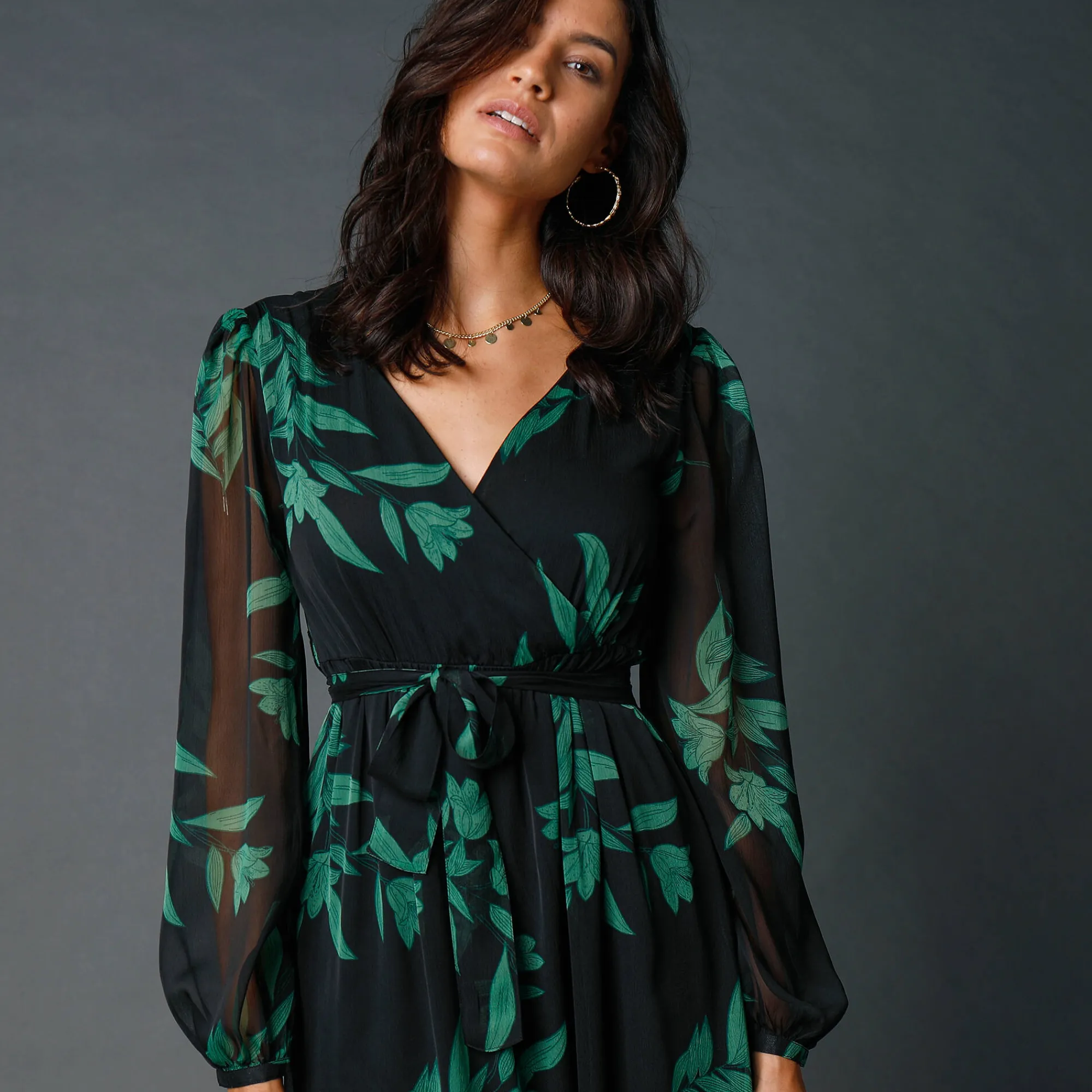 Feestoutfits Dames|Jurk<Blancheporte Lange jurk met stroken, bedrukte voile zwart / smaragd