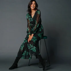 Feestoutfits Dames|Jurk<Blancheporte Lange jurk met stroken, bedrukte voile zwart / smaragd