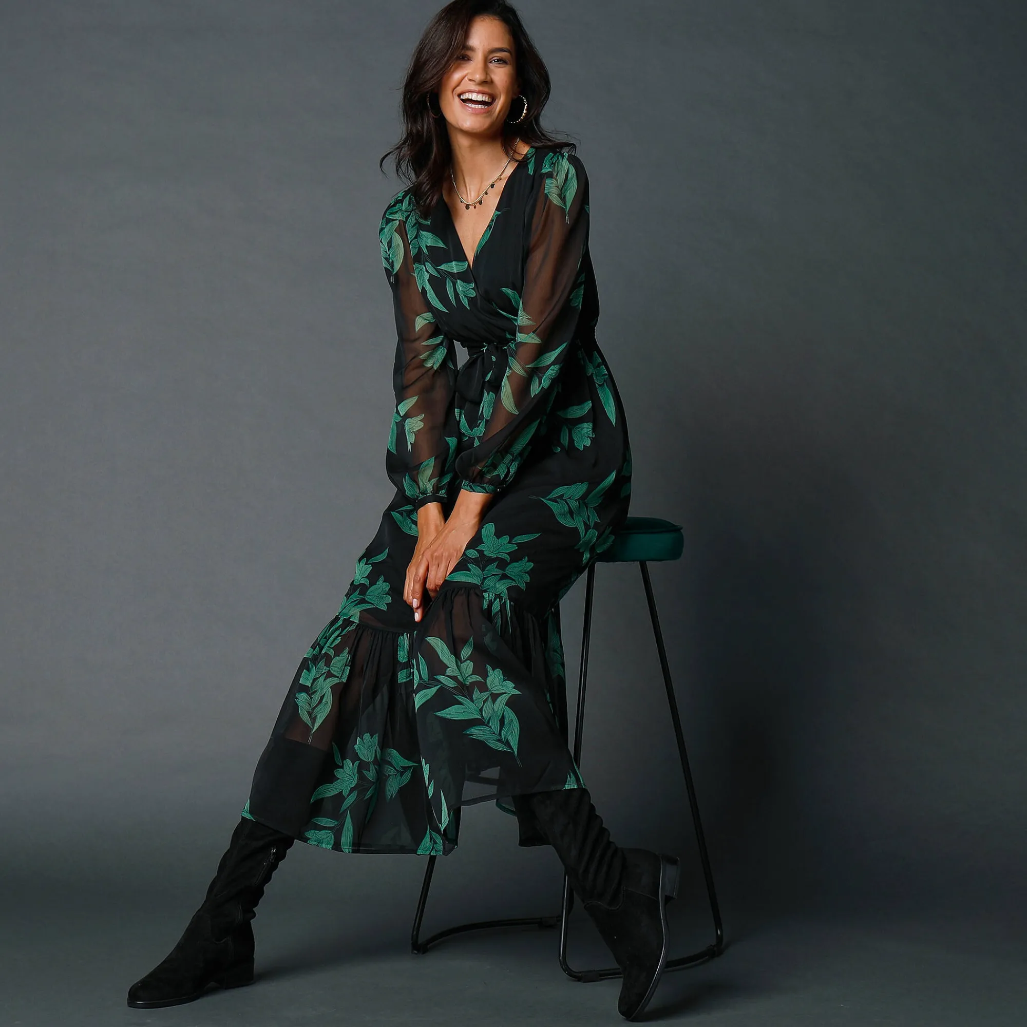 Feestoutfits Dames|Jurk<Blancheporte Lange jurk met stroken, bedrukte voile zwart / smaragd