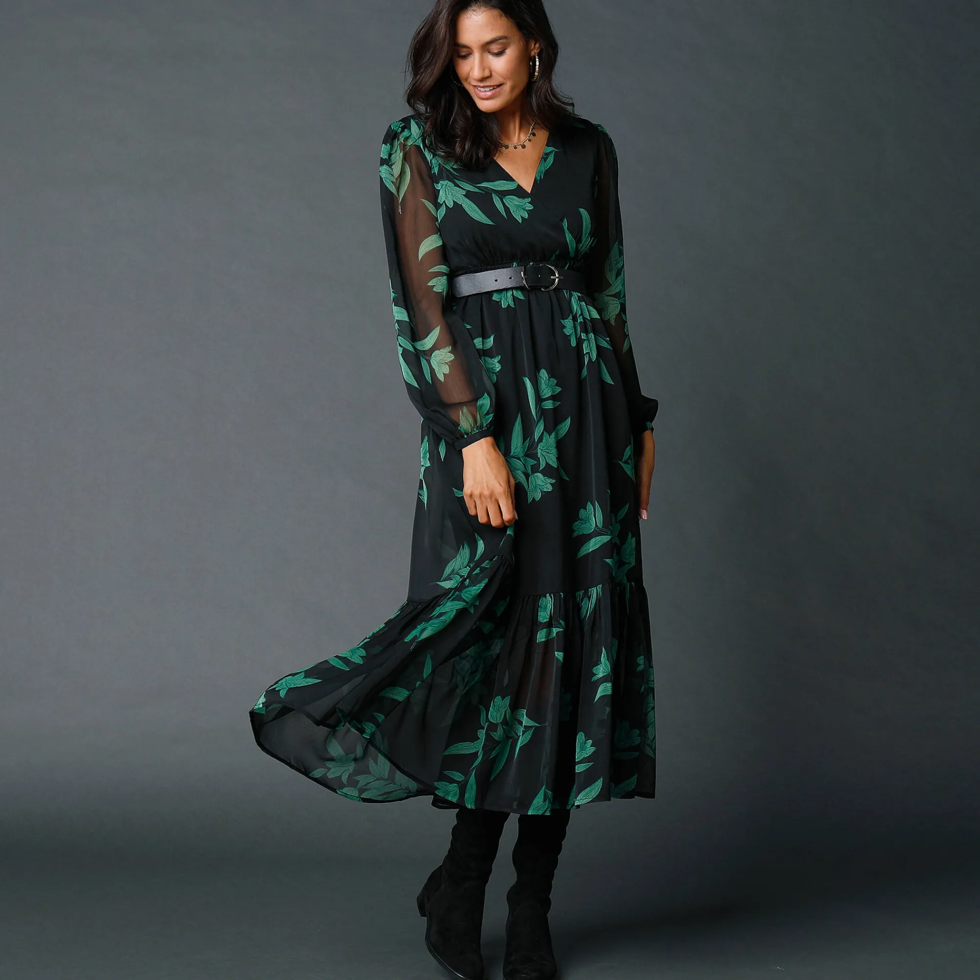 Feestoutfits Dames|Jurk<Blancheporte Lange jurk met stroken, bedrukte voile zwart / smaragd