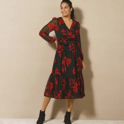 Jurk<Blancheporte Lange jurk met stroken, bedrukte voile zwart / rood