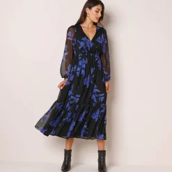Jurk<Blancheporte Lange jurk met stroken, bedrukte voile zwart / blauw