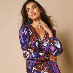 Jurk<Blancheporte Lange jurk met V-hals, bedrukt indigo / violine
