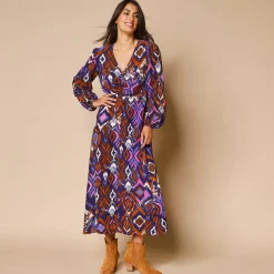 Jurk<Blancheporte Lange jurk met V-hals, bedrukt indigo / violine
