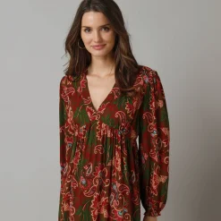 Feestoutfits Dames|Jurk<Lora Zellini Lange jurk met V-hals en bloezende mouwen, bedrukt crepon veelkleurig
