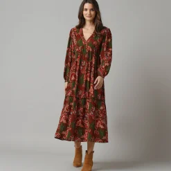 Feestoutfits Dames|Jurk<Lora Zellini Lange jurk met V-hals en bloezende mouwen, bedrukt crepon veelkleurig