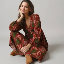 Feestoutfits Dames|Jurk<Lora Zellini Lange jurk met V-hals en bloezende mouwen, bedrukt crepon veelkleurig