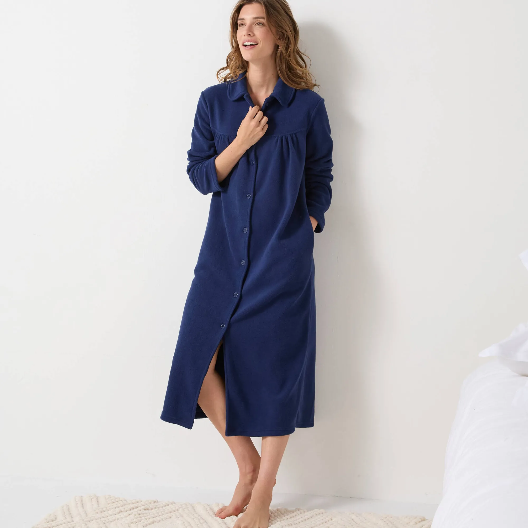 Peignoir En Kamerjas<Blancheporte Lange kamerjas in fleece, Claudinekraagje marine