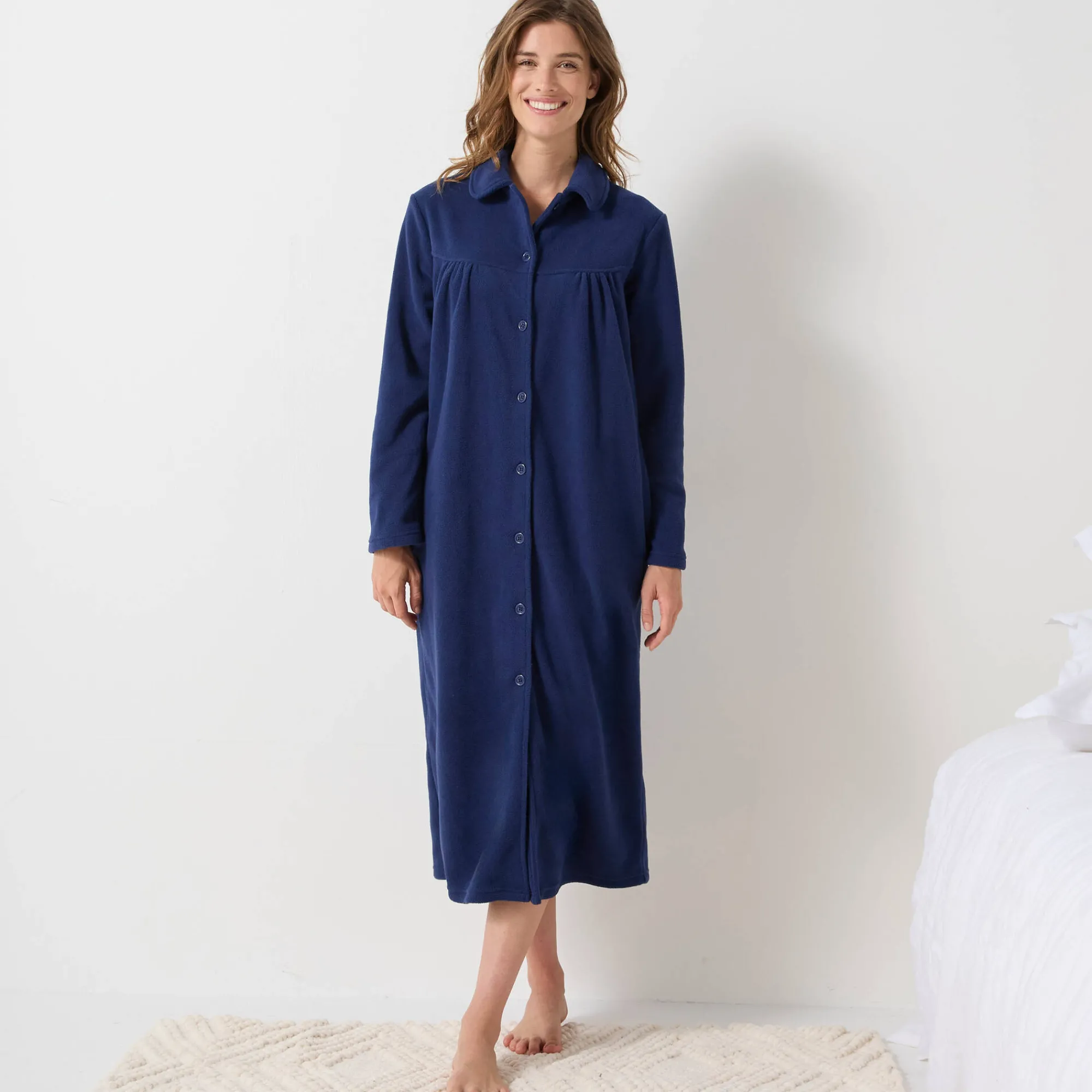 Peignoir En Kamerjas<Blancheporte Lange kamerjas in fleece, Claudinekraagje marine