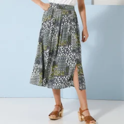Rok<Blancheporte Lange rok in bedrukte crepon blauw / groen