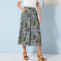 Rok<Blancheporte Lange rok in bedrukte crepon blauw / groen