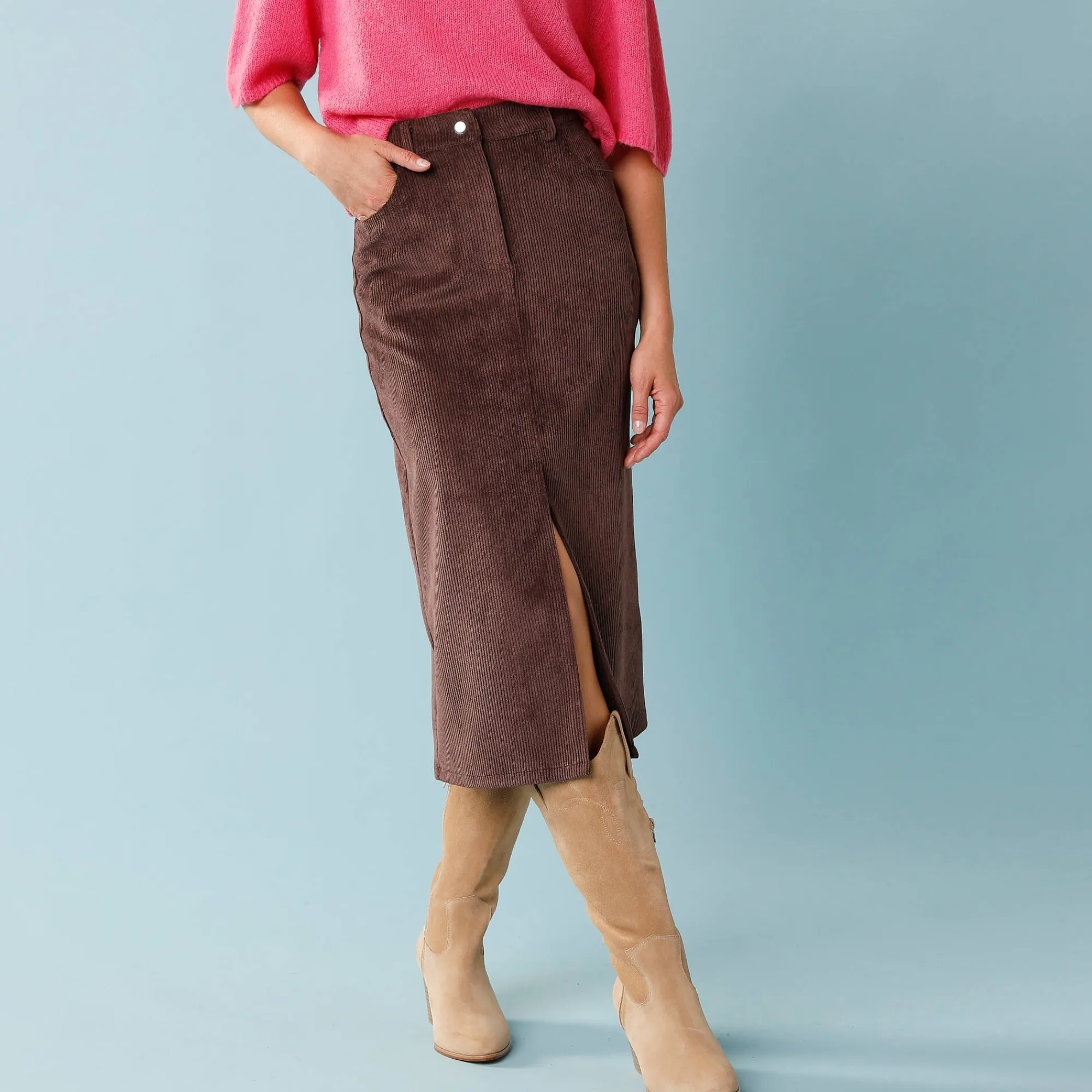 Rok<Blancheporte Lange rok in ribvelours, kleine lengtes chocolade