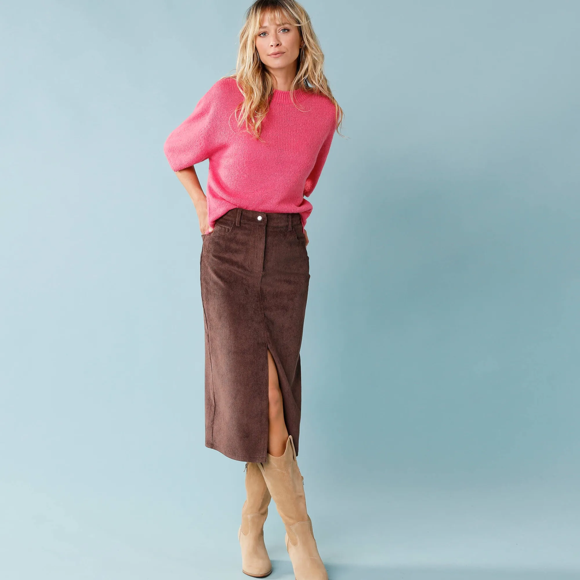 Rok<Blancheporte Lange rok in ribvelours, kleine lengtes chocolade