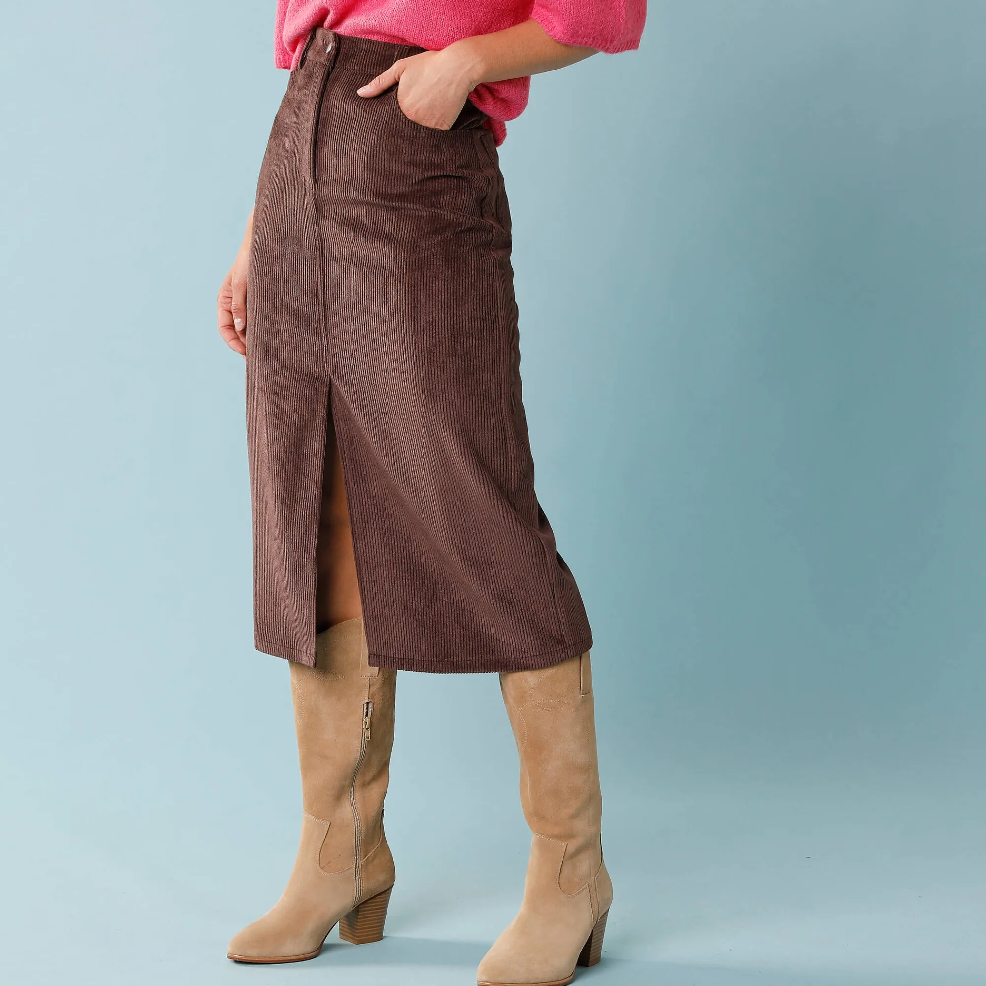 Rok<Blancheporte Lange rok in ribvelours, kleine lengtes chocolade