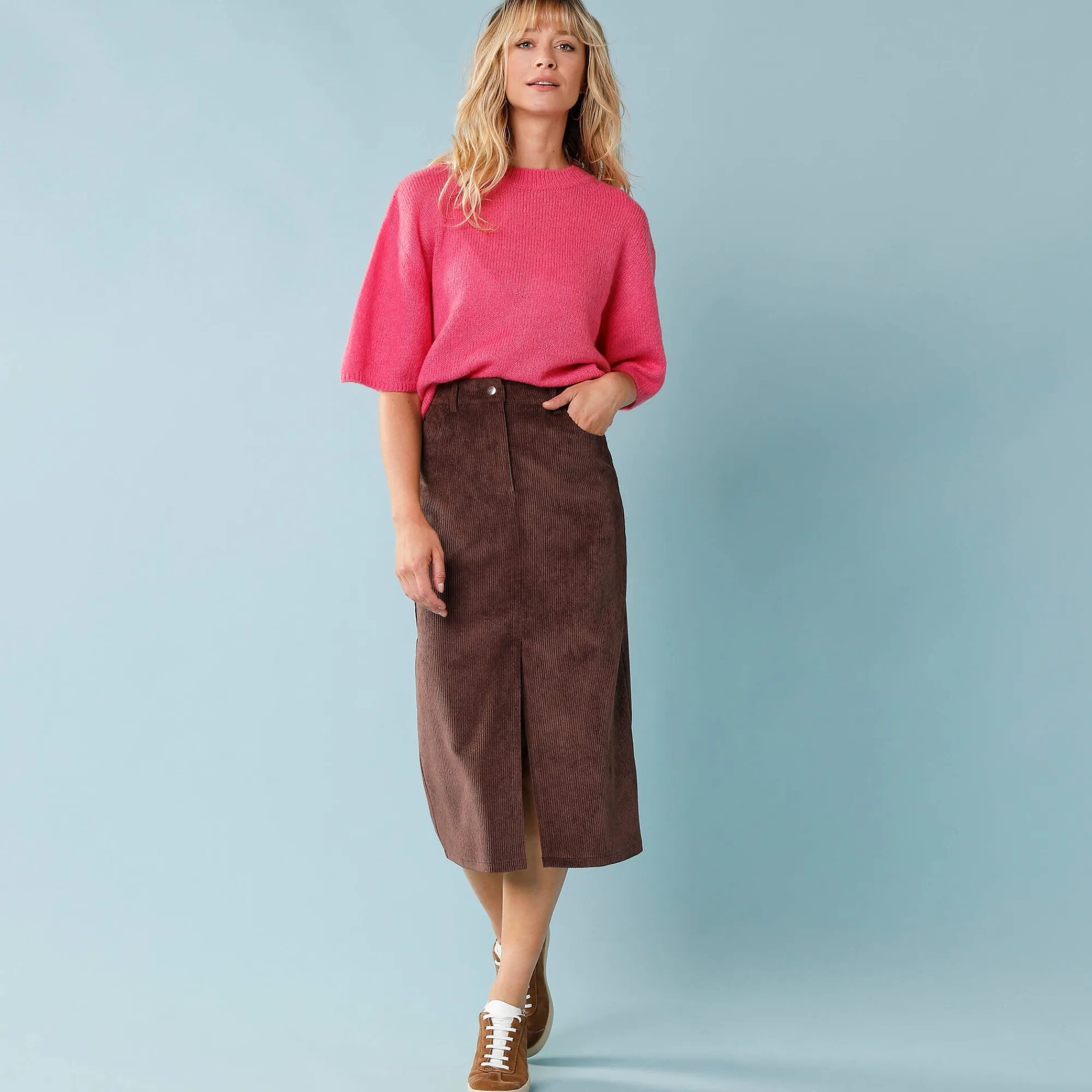 Rok<Blancheporte Lange rok in ribvelours, kleine lengtes chocolade
