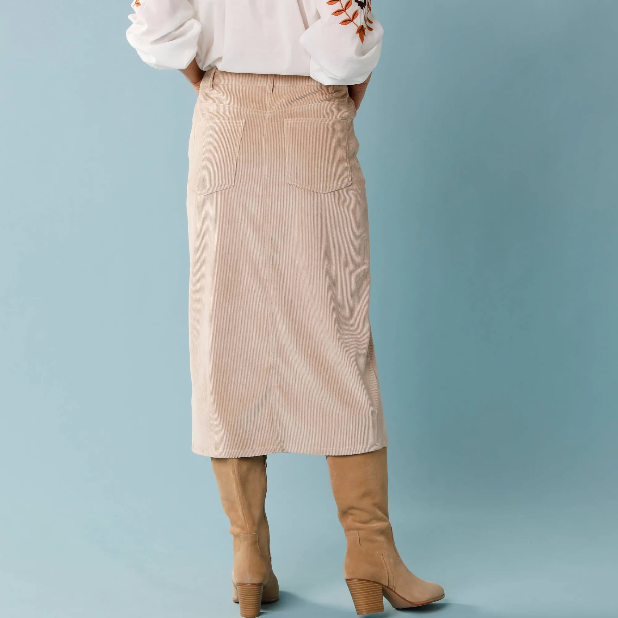 Rok<Blancheporte Lange rok in ribvelours, kleine lengtes zandkleur
